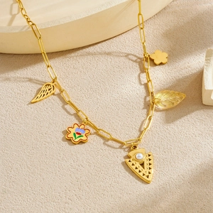 Gold-plated stainless steel chain necklace with colorful flower and arrow charms