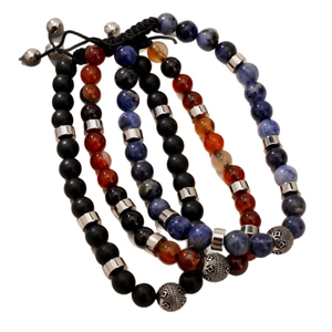 Adjustable 7mm blue agate and natural stone beaded bracelet set for men with woven cord