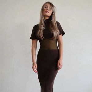 Slim fit dark brown semi-high neck maxi dress with sheer mesh waist panel and short sleeves