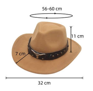 Dimensions guide for khaki western cowboy hat with silver bull head detail and leather band