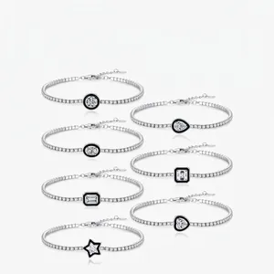 925 Sterling Silver Tennis Bracelet For Women With Black Enamel Geometric Zircon Heart Star Adjustable Chain