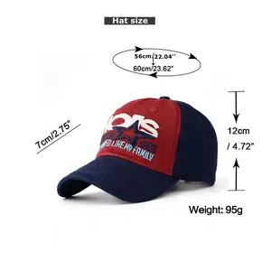 Detailed size chart for cotton baseball cap with embroidery showing brim and height dimensions