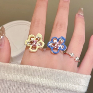 Flower Hollow Enamel Rings Pink Rhinestone Zircon Alloy Open Adjustable Ring Set Summer Dopamine Jewelry Women