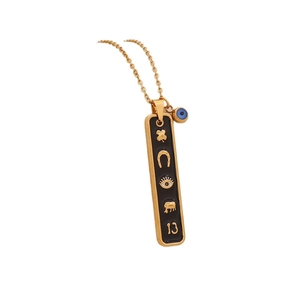 Gold stainless steel necklace featuring a black long pendant with lucky charms and eye motif