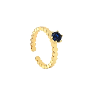 Adjustable 18K gold plated ring featuring a wavy band and round blue zircon solitaire