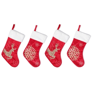 Set of four red Christmas stockings with plush white cuffs and gold reindeer embroidery