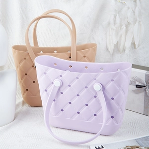Waterproof EVA beach tote bags with quilted texture and hollow holes in lavender and beige