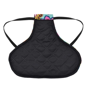 Quilted hen saddle protector with colorful pattern and elastic straps for poultry