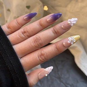 24pcs Purple Almond Press-on Nails with Pearl Shell Patterns and 3D Water Droplets