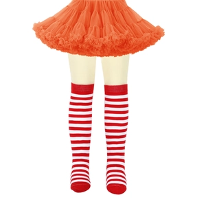 Detail of red and white striped knee high socks paired with an orange tutu skirt