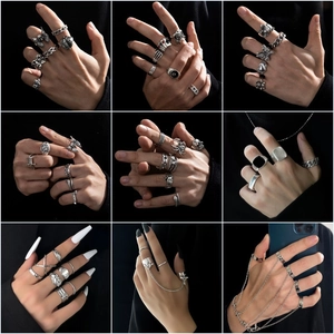 Vintage Gothic Alloy Rings Distressed Silver Tone Dark Punk Hip Hop Style Skull Snake Bat Poker Elements
