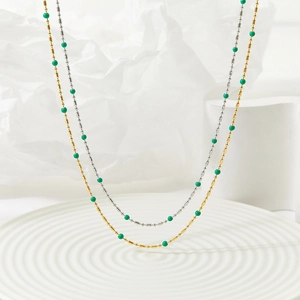 Bohemian stainless steel necklaces with green enamel beads in gold and silver finish