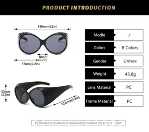 Detailed size chart of Y2K oversized sunglasses with 140mm frame width and 122mm temple length