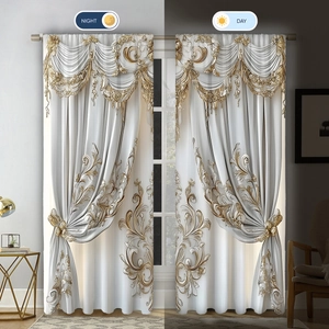 Detail of floral curtains showing embroidery texture in night and day lighting effects