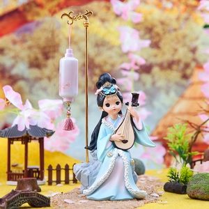 Detailed macro shot of an ancient Chinese lady figurine playing pipa beside a lantern