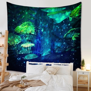 Detail of fantasy forest tapestry featuring glowing fluorescent mushrooms in a bedroom setting
