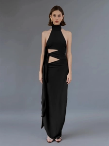 Elegant black backless halter maxi dress with cutout detail and sexy side split