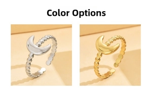 Detail showing gold and silver adjustable moon rings with beaded bands in two colors