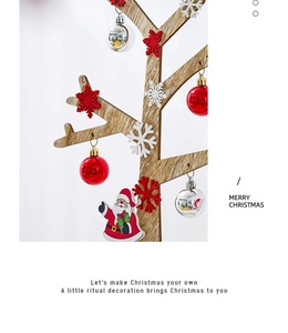 Detail of wooden Christmas tree stand with red ornaments, snowflakes and Santa Claus figure