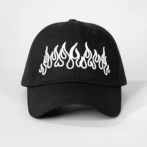 Close-up of white flame embroidery on black cotton baseball cap with six-panel design