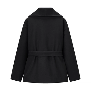 Back view of a black slim-fit wool coat for women with a waist belt on white background