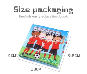 Vue détaillée du livre en tissu d'éveil pour enfants montrant les dimensions du thème sport