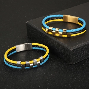 Multilayer braided leather bracelet in blue, yellow, and black with magnetic metal clasp