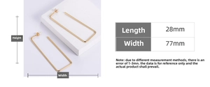 Polished gold rectangular hoop earrings with detailed dimensions of 28mm by 77mm