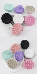 Detailed close-up of 19-tooth silicone hair scalp massager brushes in various pastel colors
