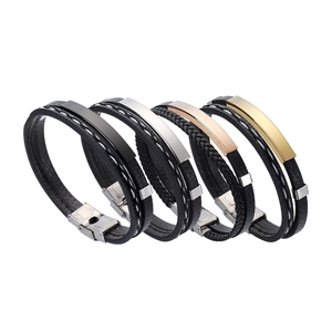 Minimalist braided leather bracelet with stainless steel plates in four diverse metallic colors