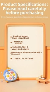 Infographic showing duck pop-it toy dimensions 9.7x9.3x4.3 cm and plastic material specs