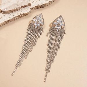 Luxury Zircon Flower Long Tassel Drop Earrings Geometric Hollow Copper With Silver Earring Post Party Wedding For Women