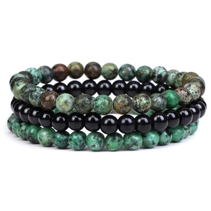 Three-piece set of 6/8mm natural green turquoise and black agate beaded stretch bracelets