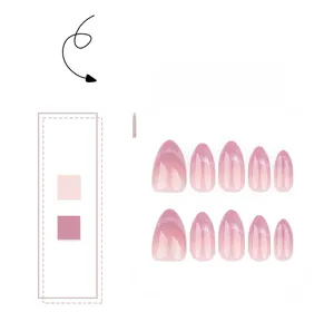 Detailed set of 10 almond-shaped press-on nails with pink-purple glitter gradient finish