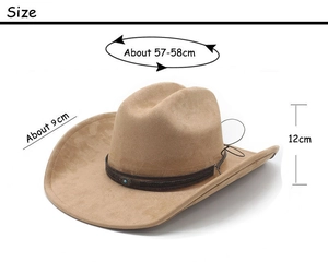 Detailed sizing chart for brown suede cowboy hat showing 9cm brim and 12cm height