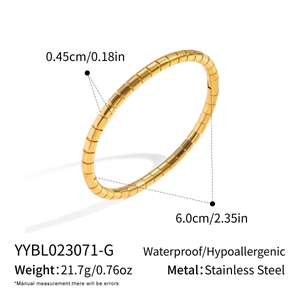 Detailed view of golden stainless steel bamboo style bangle with texture and dimensions