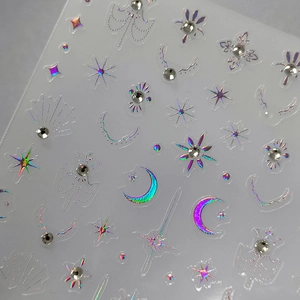 5D stereoscopic holographic star and moon nail stickers with silver rhinestone accents