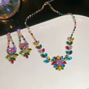 Luxury sparkling zircon colorful leaf heart necklace and earring jewelry set for women