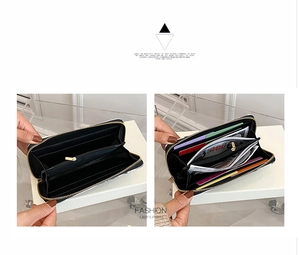 Detail view showing internal card slots and compartments of marble pattern long wallet