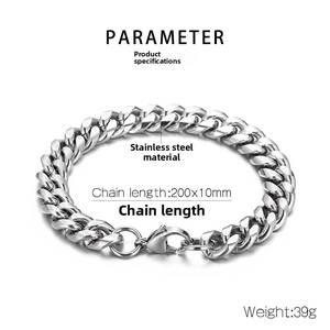 Silver stainless steel Cuban link bracelet details with size 200x10mm and 39g weight