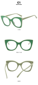 Three-angle views of green cat eye glasses frame showing side, front and back profiles