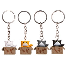 Detail showing four miniature cat figurines sitting in boxes as creative keychain charms