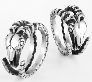 Macro d'une bague punk en acier inoxydable avec crâne de bélier et fini argenté