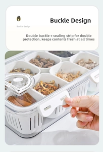 Kitchen organizer detail showing airtight lid with date dial and draining baskets