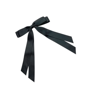 Classic black satin double-layered bow hair clip with long silk ribbons for women