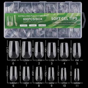 Size chart showing exact length and width measurements for matte transparent false nail tips