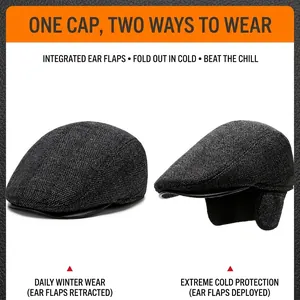 Winter plaid tweed flat cap with fold-down ear flaps for cold weather protection
