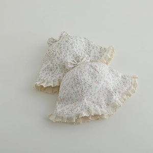 Floral baby sun hats with lace trim and bow knot detail in light and dark patterns
