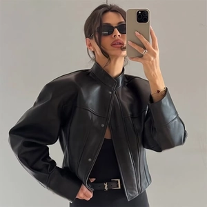 Giacca In Ecopelle Da Donna Corta Vestibilità Aderente Stile Moto Biker Con Collo Alto Maniche Lunghe Streetwear Nero Autunno