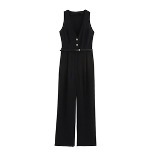 Women Elegant Sleeveless V Neck Jumpsuit With Belt Solid Color Polyester Wide Leg Pants Office Commuter Jumpsuit